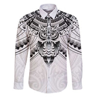 New Zealand Morepork Family Matching Puletasi and Hawaiian Shirt Maori Pattern White LT05 Dad's Shirt - Long Sleeve White - Polynesian Pride