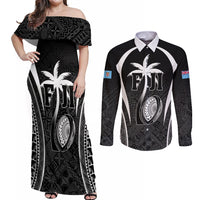 Custom Fiji Rugby Couples Matching Off Shoulder Maxi Dress and Long Sleeve Button Shirt Fijian Warrior Black LT05 Black - Polynesian Pride