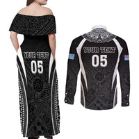 Custom Fiji Rugby Couples Matching Off Shoulder Maxi Dress and Long Sleeve Button Shirt Fijian Warrior Black LT05 - Polynesian Pride