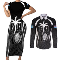 Custom Fiji Rugby Couples Matching Short Sleeve Bodycon Dress and Long Sleeve Button Shirt Fijian Warrior Black LT05 Black - Polynesian Pride