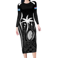 Custom Fiji Rugby Family Matching Long Sleeve Bodycon Dress and Hawaiian Shirt Fijian Warrior Black LT05 Mom's Dress Black - Polynesian Pride