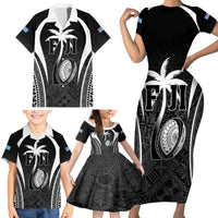Custom Fiji Rugby Family Matching Short Sleeve Bodycon Dress and Hawaiian Shirt Fijian Warrior Black LT05 - Polynesian Pride