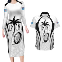 Custom Fiji Rugby Couples Matching Long Sleeve Bodycon Dress and Hawaiian Shirt Fijian Warrior White LT05 White - Polynesian Pride