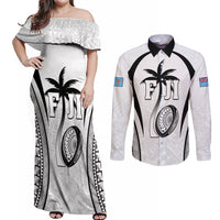 Custom Fiji Rugby Couples Matching Off Shoulder Maxi Dress and Long Sleeve Button Shirt Fijian Warrior White LT05 White - Polynesian Pride