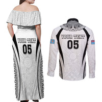 Custom Fiji Rugby Couples Matching Off Shoulder Maxi Dress and Long Sleeve Button Shirt Fijian Warrior White LT05 - Polynesian Pride