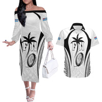 Custom Fiji Rugby Couples Matching Off The Shoulder Long Sleeve Dress and Hawaiian Shirt Fijian Warrior White LT05 White - Polynesian Pride