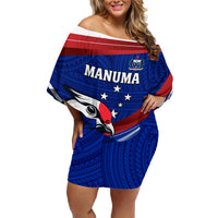 Custom Samoa Rugby Family Matching Off Shoulder Short Dress and Hawaiian Shirt Manuma Ptilinopus Perousii LT05 Mom's Dress Blue - Polynesian Pride
