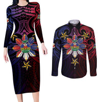 Haiti Philippines Couples Matching Long Sleeve Bodycon Dress and Long Sleeve Button Shirt Haitian Coat Of Arms With Filipino Sun LT05 Black - Polynesian Pride