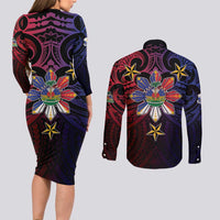 Haiti Philippines Couples Matching Long Sleeve Bodycon Dress and Long Sleeve Button Shirt Haitian Coat Of Arms With Filipino Sun LT05 - Polynesian Pride