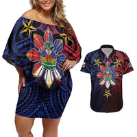 Haiti Philippines Couples Matching Off Shoulder Short Dress and Hawaiian Shirt Haitian Coat Of Arms With Filipino Sun LT05 Black - Polynesian Pride