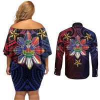 Haiti Philippines Couples Matching Off Shoulder Short Dress and Long Sleeve Button Shirt Haitian Coat Of Arms With Filipino Sun LT05 - Polynesian Pride