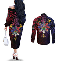 Haiti Philippines Couples Matching Off The Shoulder Long Sleeve Dress and Long Sleeve Button Shirt Haitian Coat Of Arms With Filipino Sun LT05 - Polynesian Pride