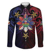 Haiti Philippines Family Matching Summer Maxi Dress and Hawaiian Shirt Haitian Coat Of Arms With Filipino Sun LT05 Dad's Shirt - Long Sleeve Black - Polynesian Pride
