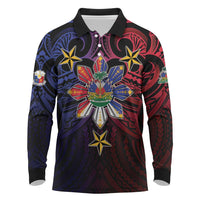 Haiti Philippines Long Sleeve Polo Shirt Haitian Coat Of Arms With Filipino Sun LT05 Black - Polynesian Pride