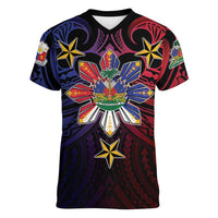 Haiti Philippines Women V-Neck T-Shirt Haitian Coat Of Arms With Filipino Sun LT05 Female Black - Polynesian Pride