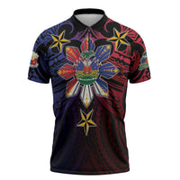 Haiti Philippines Zipper Polo Shirt Haitian Coat Of Arms With Filipino Sun LT05 Black - Polynesian Pride