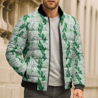 Hawaii Ti Leaf Maile Tuberose Lei Bomber Puffer Jacket With Hanalei Leaf Green