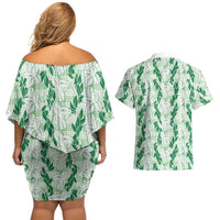 Hawaii Ti Leaf Maile Tuberose Lei Couples Matching Off Shoulder Short Dress and Hawaiian Shirt With Hanalei Leaf Green