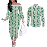 Hawaii Ti Leaf Maile Tuberose Lei Couples Matching Off The Shoulder Long Sleeve Dress and Long Sleeve Button Shirt With Hanalei Leaf Green LT05 Green - Polynesian Pride