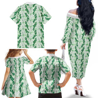 Hawaii Ti Leaf Maile Tuberose Lei Family Matching Off The Shoulder Long Sleeve Dress and Hawaiian Shirt With Hanalei Leaf Green LT05 - Polynesian Pride