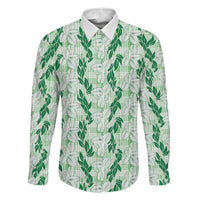 Hawaii Ti Leaf Maile Tuberose Lei Family Matching Off Shoulder Maxi Dress and Hawaiian Shirt With Hanalei Leaf Green LT05 Dad's Shirt - Long Sleeve Green - Polynesian Pride