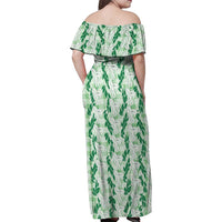 Hawaii Ti Leaf Maile Tuberose Lei Family Matching Off Shoulder Maxi Dress and Hawaiian Shirt With Hanalei Leaf Green LT05 - Polynesian Pride