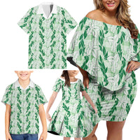 Hawaii Ti Leaf Maile Tuberose Lei Family Matching Off Shoulder Short Dress and Hawaiian Shirt With Hanalei Leaf Green LT05 - Polynesian Pride