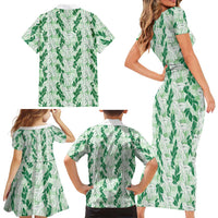 Hawaii Ti Leaf Maile Tuberose Lei Family Matching Short Sleeve Bodycon Dress and Hawaiian Shirt With Hanalei Leaf Green LT05 - Polynesian Pride