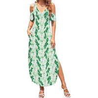 Hawaii Ti Leaf Maile Tuberose Lei Family Matching Summer Maxi Dress and Hawaiian Shirt With Hanalei Leaf Green LT05 Mom's Dress Green - Polynesian Pride