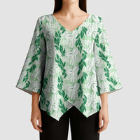 Hawaii Ti Leaf Maile Tuberose Lei Kimono Sleeve Blouse With Hanalei Leaf Green