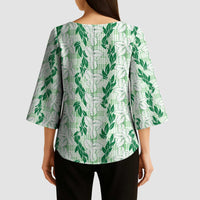 Hawaii Ti Leaf Maile Tuberose Lei Kimono Sleeve Blouse With Hanalei Leaf Green