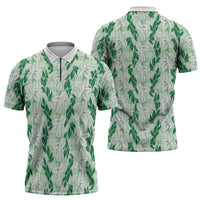 Hawaii Ti Leaf Maile Tuberose Lei Zipper Polo Shirt With Hanalei Leaf Green