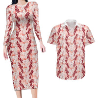 Hawaii Ti Leaf Maile Tuberose Lei Couples Matching Long Sleeve Bodycon Dress and Hawaiian Shirt With Hanalei Leaf Red LT05 Red - Polynesian Pride