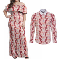 Hawaii Ti Leaf Maile Tuberose Lei Couples Matching Off Shoulder Maxi Dress and Long Sleeve Button Shirt With Hanalei Leaf Red
