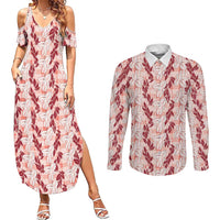 Hawaii Ti Leaf Maile Tuberose Lei Couples Matching Summer Maxi Dress and Long Sleeve Button Shirt With Hanalei Leaf Red