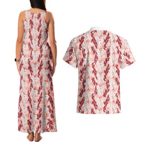 Hawaii Ti Leaf Maile Tuberose Lei Couples Matching Tank Maxi Dress and Hawaiian Shirt With Hanalei Leaf Red