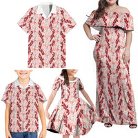 Hawaii Ti Leaf Maile Tuberose Lei Family Matching Off Shoulder Maxi Dress and Hawaiian Shirt With Hanalei Leaf Red LT05 - Polynesian Pride
