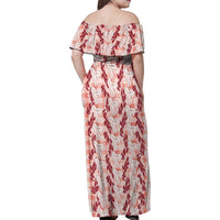 Hawaii Ti Leaf Maile Tuberose Lei Family Matching Off Shoulder Maxi Dress and Hawaiian Shirt With Hanalei Leaf Red LT05 - Polynesian Pride