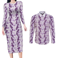 Hawaii Ti Leaf Maile Tuberose Lei Couples Matching Long Sleeve Bodycon Dress and Long Sleeve Button Shirt With Hanalei Leaf Purple LT05 Purple - Polynesian Pride