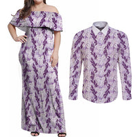 Hawaii Ti Leaf Maile Tuberose Lei Couples Matching Off Shoulder Maxi Dress and Long Sleeve Button Shirt With Hanalei Leaf Purple