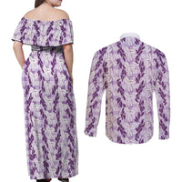 Hawaii Ti Leaf Maile Tuberose Lei Couples Matching Off Shoulder Maxi Dress and Long Sleeve Button Shirt With Hanalei Leaf Purple
