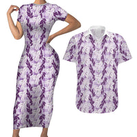 Hawaii Ti Leaf Maile Tuberose Lei Couples Matching Short Sleeve Bodycon Dress and Hawaiian Shirt With Hanalei Leaf Purple LT05 Purple - Polynesian Pride