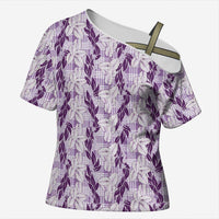 Hawaii Ti Leaf Maile Tuberose Lei Cross Shoulder Shirt With Hanalei Leaf Purple