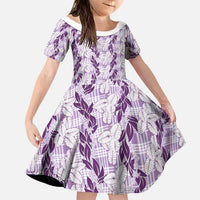 Hawaii Ti Leaf Maile Tuberose Lei Family Matching Long Sleeve Bodycon Dress and Hawaiian Shirt With Hanalei Leaf Purple LT05 Daughter's Dress Purple - Polynesian Pride