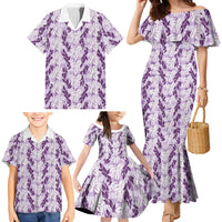 Hawaii Ti Leaf Maile Tuberose Lei Family Matching Mermaid Dress and Hawaiian Shirt With Hanalei Leaf Purple LT05 - Polynesian Pride
