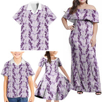 Hawaii Ti Leaf Maile Tuberose Lei Family Matching Off Shoulder Maxi Dress and Hawaiian Shirt With Hanalei Leaf Purple LT05 - Polynesian Pride