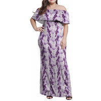 Hawaii Ti Leaf Maile Tuberose Lei Family Matching Off Shoulder Maxi Dress and Hawaiian Shirt With Hanalei Leaf Purple LT05 Mom's Dress Purple - Polynesian Pride