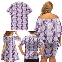 Hawaii Ti Leaf Maile Tuberose Lei Family Matching Off Shoulder Short Dress and Hawaiian Shirt With Hanalei Leaf Purple LT05 - Polynesian Pride
