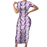 Hawaii Ti Leaf Maile Tuberose Lei Family Matching Short Sleeve Bodycon Dress and Hawaiian Shirt With Hanalei Leaf Purple LT05 Mom's Dress Purple - Polynesian Pride