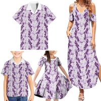 Hawaii Ti Leaf Maile Tuberose Lei Family Matching Summer Maxi Dress and Hawaiian Shirt With Hanalei Leaf Purple LT05 - Polynesian Pride